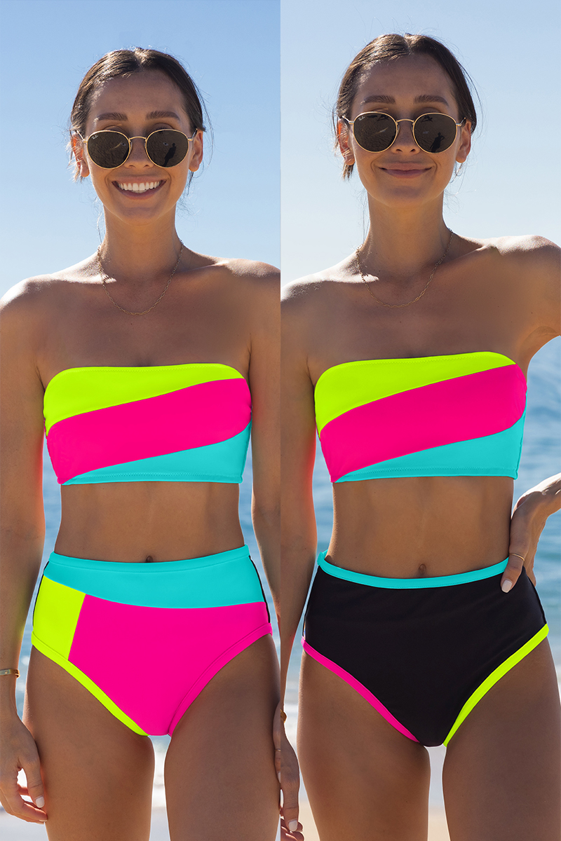 Popvil Women's High Waist Bikini Set - Patchwork Bandeau Swimsuit With Removable Pads
