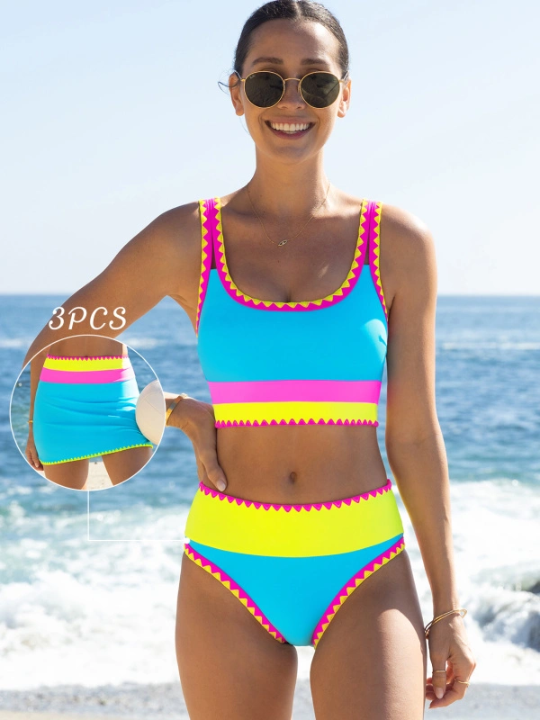 Popvil 3-Piece Colorblock Bikini Set with Skirt Popvil 3-Piece Colorblock Bikini Set with Skirt