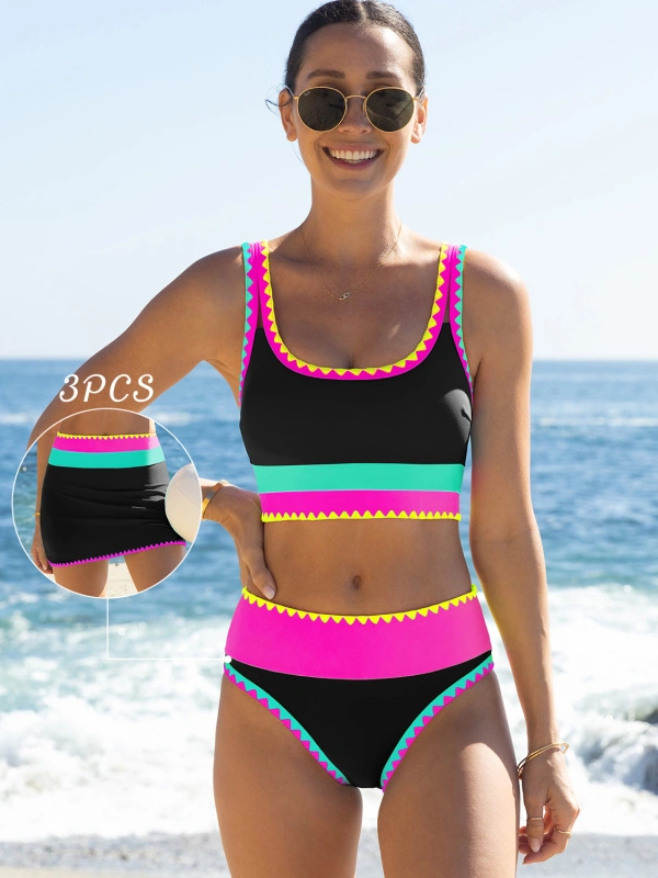 Ladies In Popvil Bikini Set For Women Neon Color Block Swimsuit - Main Image