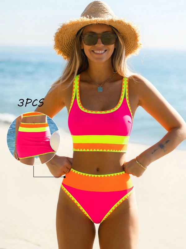 modest sexy bathing suit U Neck Wide Straps High Waisted Checkerboard Print Modest Bikini Suits, Black / Size 2XL main image 0